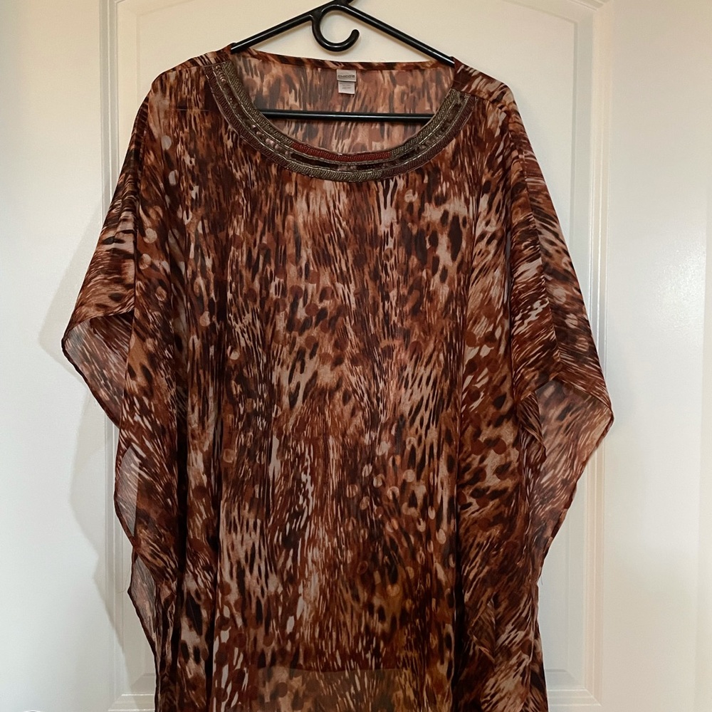 Chico’s Poncho Blouse, Sheer Abstract Animal Print in Size Small/Medium